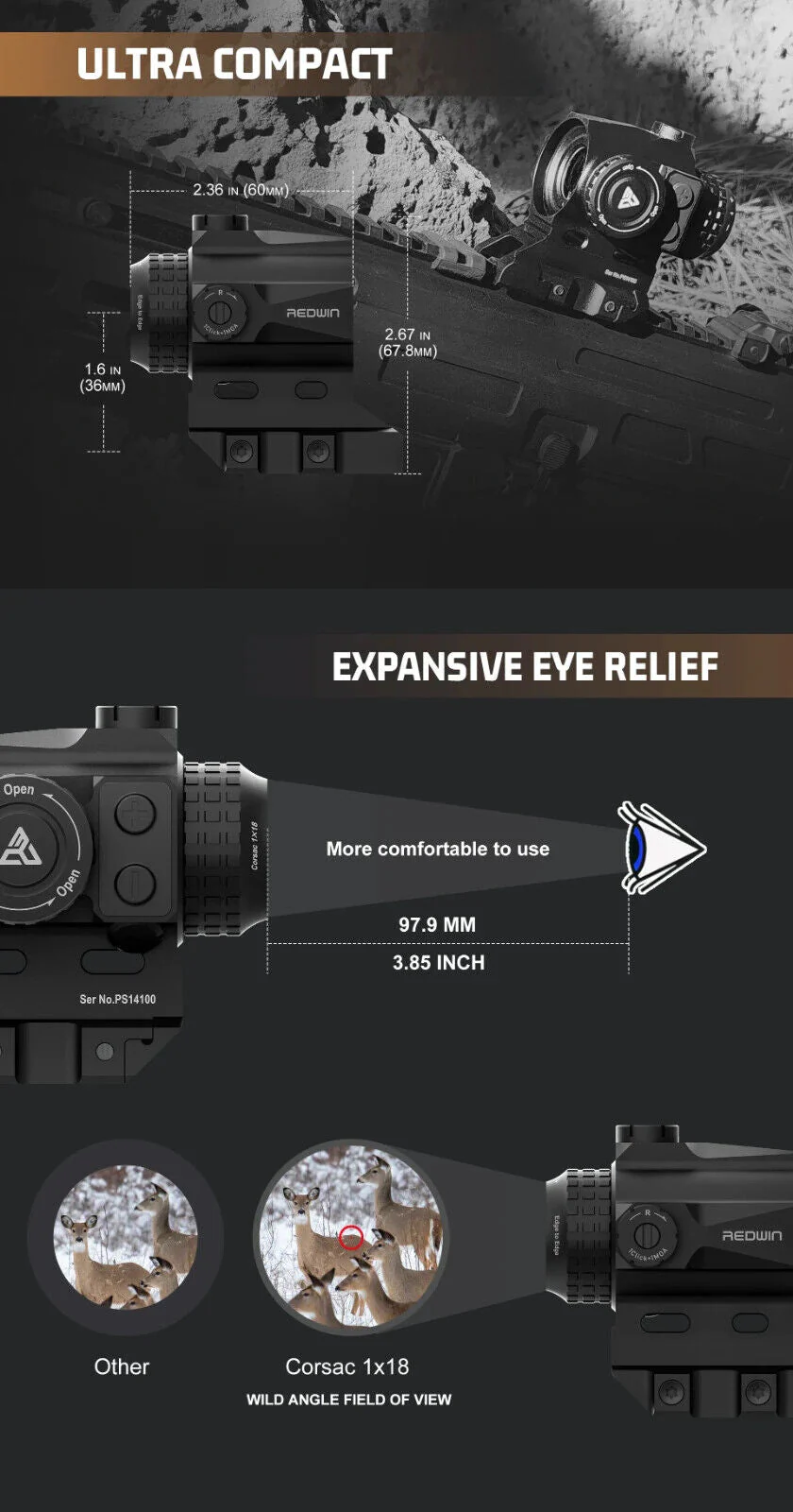 Corsac 1x18 Micro Prism Scope Etched Reticle 8 Day+2 NV IPX67 Hunting Optic - Image 5