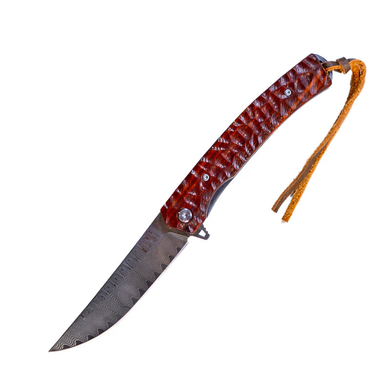 MUCITUP Damascus Flipper Knife Scraped Wood Handle Liner Lock 3.75" Blade 8.2" EDC