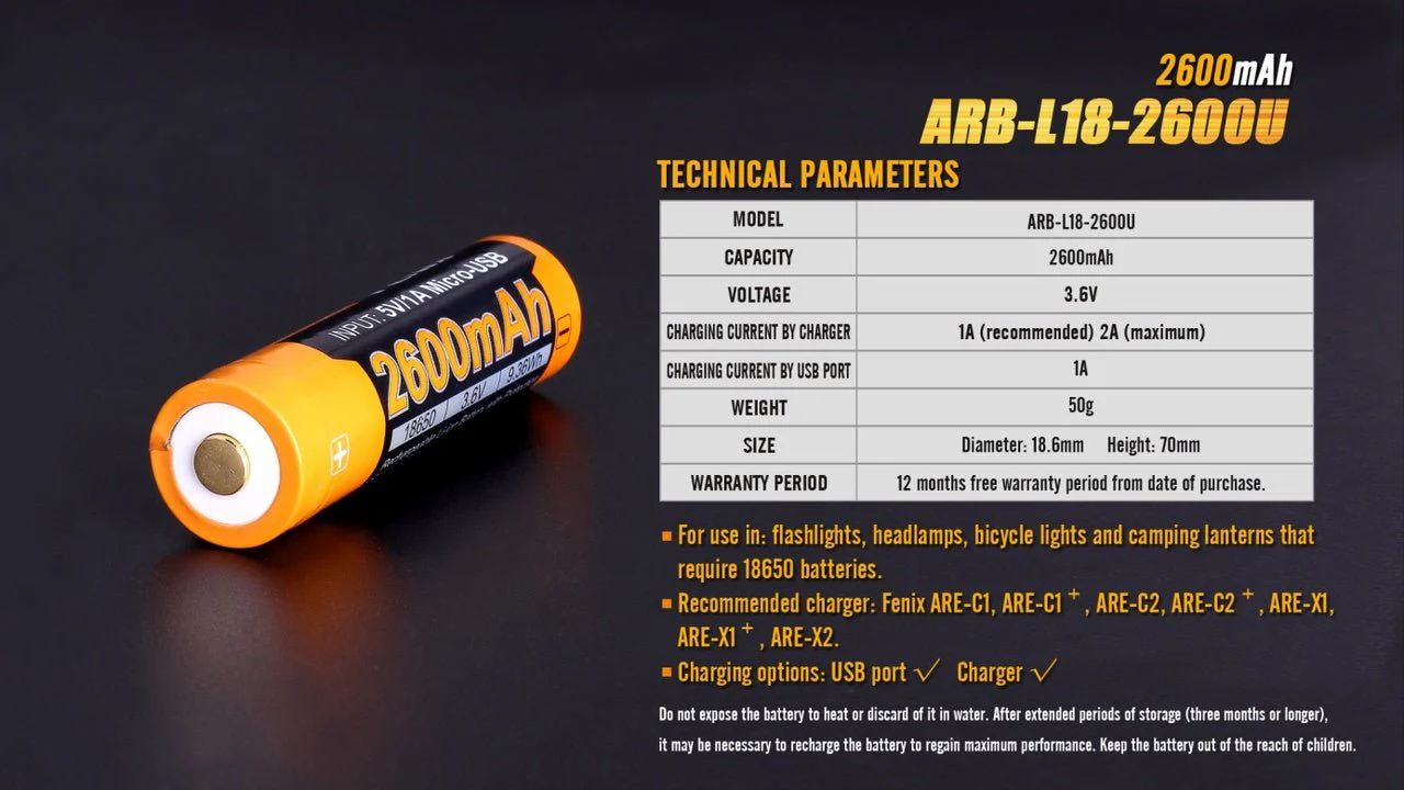 Fenix ARB-L18-2600U USB Rechargeable Li-ion 18650 Battery - Image 8