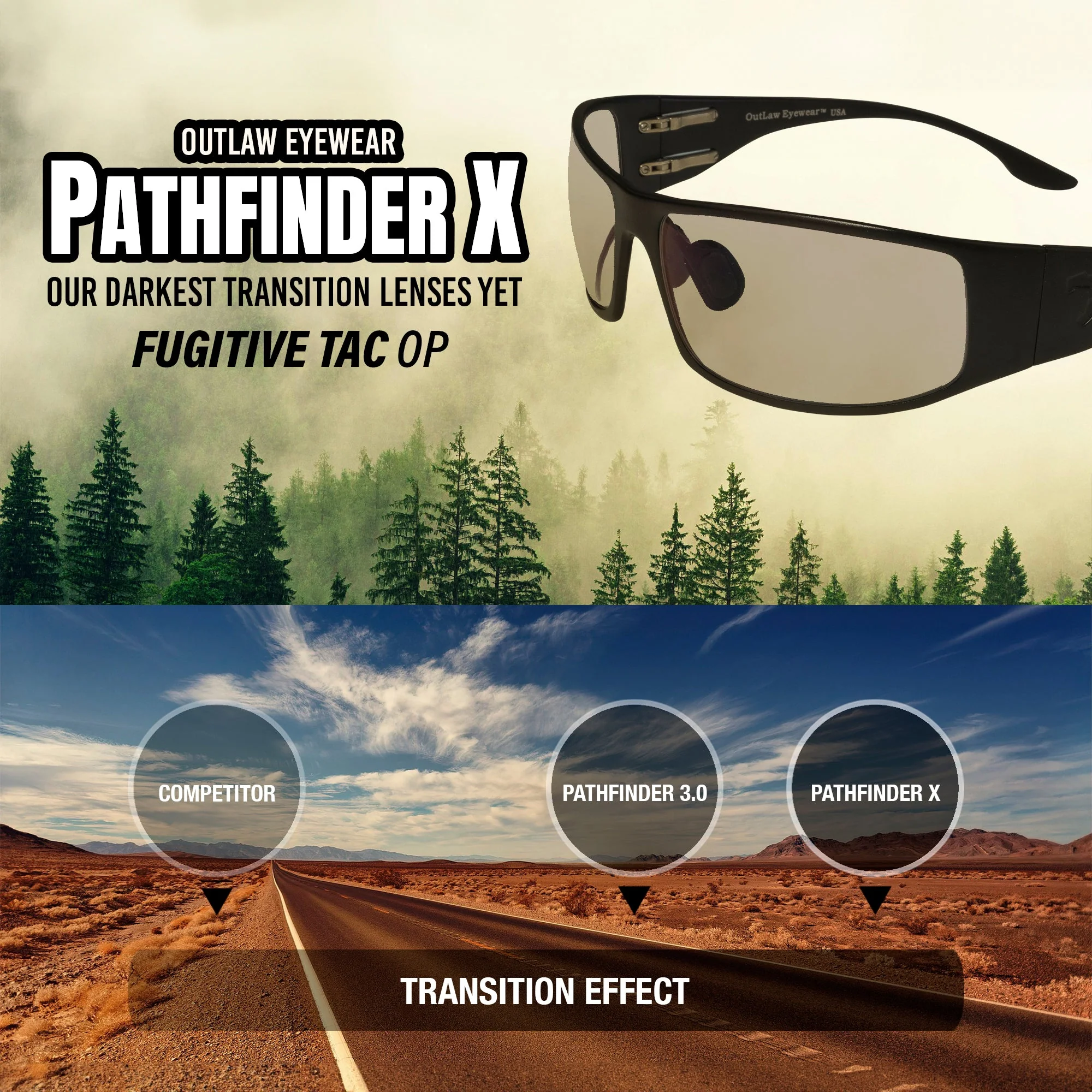 Outlaw Eyewear - Fugitive TAC Op Aluminum Sunglass Black Frame Transition Day-Night Pathfinder X Lens, with Multicam hat and Retaining cord - Image 3