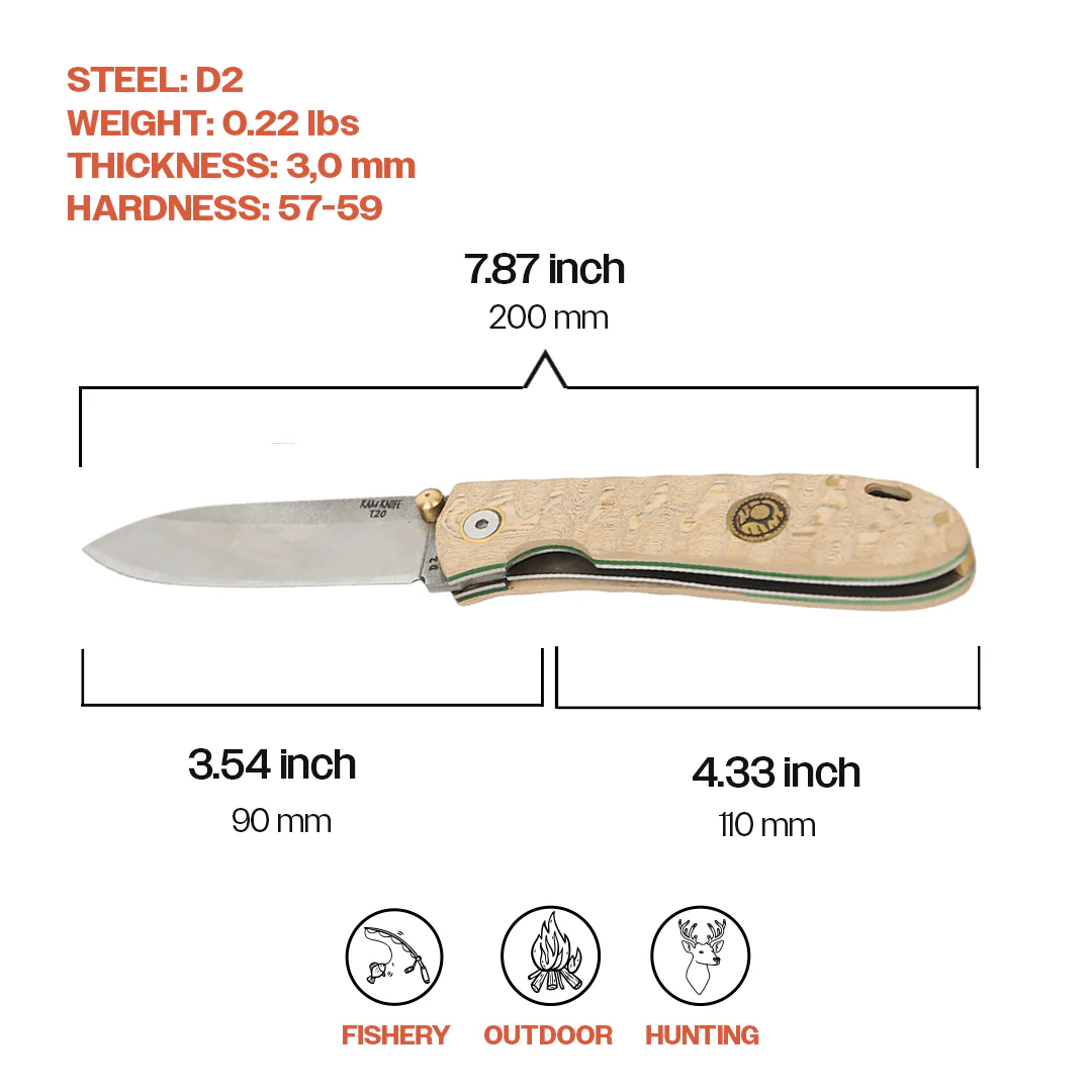 Kam Knife - T20 - D2  Steel - Oak Handle - Pocket Knife - Image 5