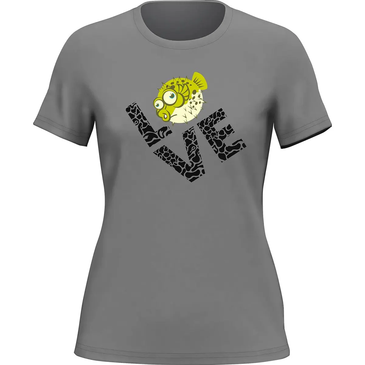 Outdoorzees Love Fishing Green Blowfish Globe T-Shirt for Women - Image 2