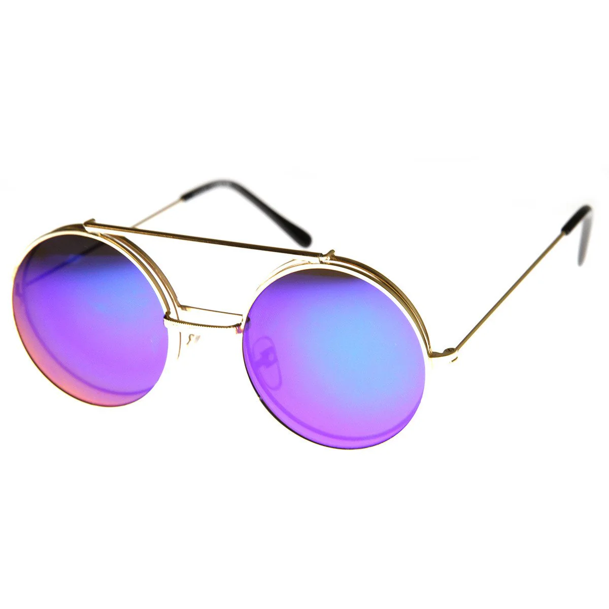 zeroUV Retro Round Steampunk Mirrored Lens Flip Up Sunglasses 8966 - Image 14