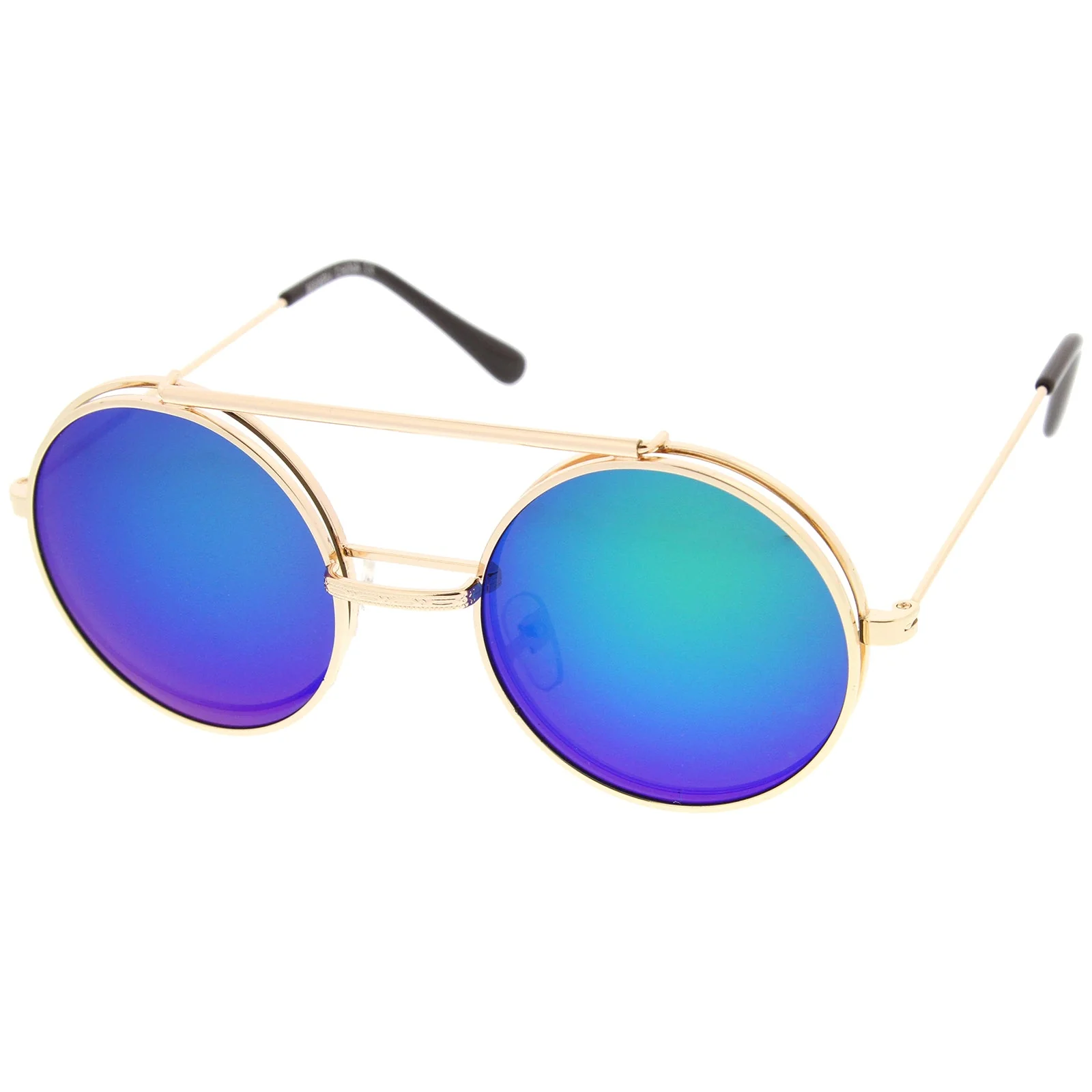 zeroUV Retro Round Steampunk Mirrored Lens Flip Up Sunglasses 8966 - Image 21